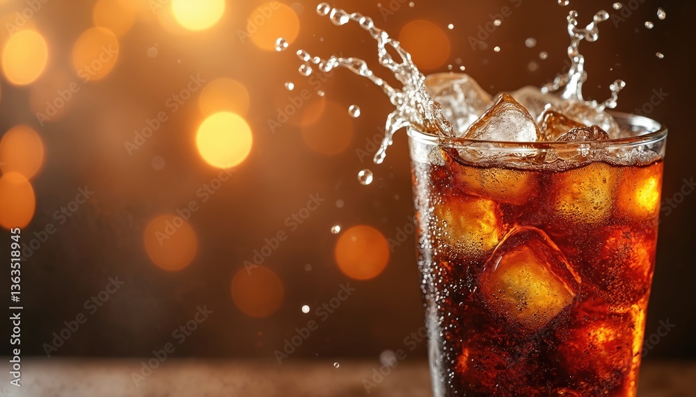 Poster refreshing splash with ice cubes in a glass. fizzy drink with bubbles, droplets. summer drink with c