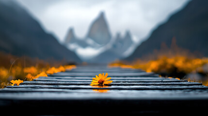   Yellow flower on wooden walkway amidst field and mountainous backdrop