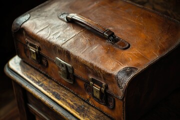 A weathered brown leather suitcase rests on a dark wooden surface, showcasing its vintage charm and aged texture.
