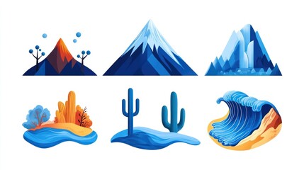 Six stylized landscape illustrations of mountains, deserts, and a wave, graphic use