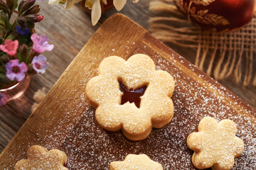 Flower shaped Linzer Easter cookie, closeup
