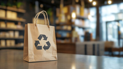 Eco-friendly concept, close-up of recycled paper shopping bag with recycling symbol in sustainable cafe decor. concept of green choices, environmental awareness, reusable bags, Copy space
