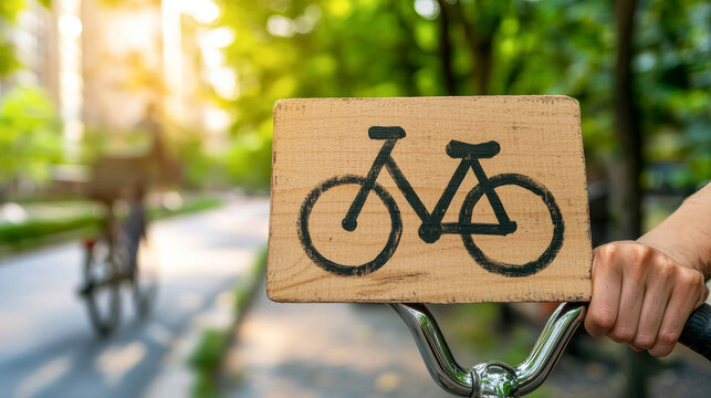 Hand holding bicycle handlebar with wooden bike sign in sunny green park. Concept of eco-friendly transportation, cycling lifestyle, outdoor leisure, sustainable urban mobility environmental awareness