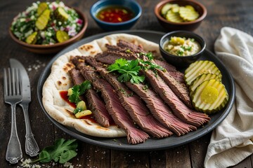 Thinly sliced, seasoned steak rests on a warm flatbread, accompanied by vibrant pickles, creamy hummus, and a zesty sauce; dark wood background.