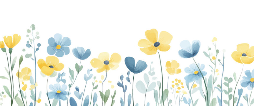 Watercolor illustration of blue and yellow wildflowers in a spring field for greeting cards wedding invites and floral background designs