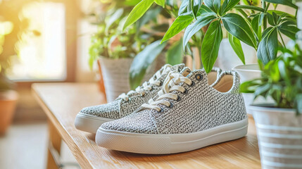 Stylish eco-friendly sneakers made from recycled materials surrounded by lush greenery. concept of sustainable fashion, environmental responsibility, modern eco style, conscious consumerism
