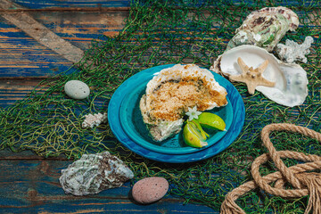 Gourmet baked oyster with herbs and cheese. Elegant seafood dish, coastal culinary delight