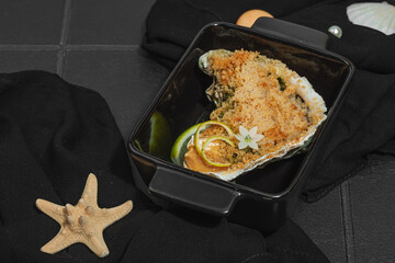 Gourmet baked oyster with herbs and cheese. Elegant seafood dish, coastal culinary delight
