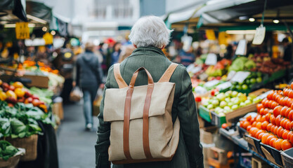Elderly caucasian woman enjoying eco-friendly shopping at outdoor market with recycled fabric bag. concept of sustainable living, eco-conscious lifestyle, market exploration, green choices