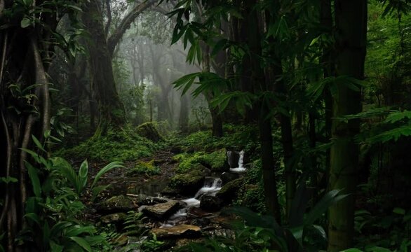 A slow zoom pans through the dense forest, revealing the intricate layers of foliage and the gentle flow of a stream. The camera smoothly glides along the winding path, showcasing the lush vegetation 