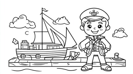 Sailor Stands on Pier in Front of Boat, Background Clouds. For Kids Coloring Book