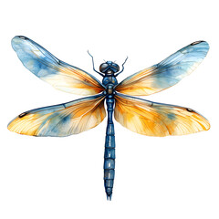 Dragonfly watercolor illustration with bright and beautiful wings isolated on transparent background. PNG, cutout.