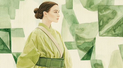 Eco style watercolor illustration of asian woman model in green fashion attire. concept of sustainable fashion, artistic elegance, environmental consciousness, modern aesthetics.