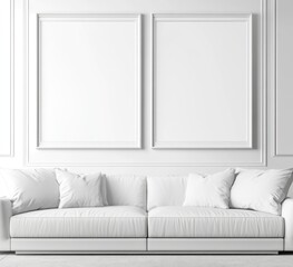 White sofa and two blank frames on white wall.