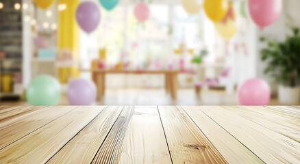 Empty wooden table for product placement, with a blurred home children's party in the background, decorated with colorful balloons and banners.