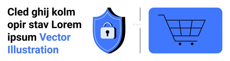 Blue shield with lock representing security and shopping cart icon conveying online purchases. Ideal for e-commerce, cybersecurity, payment protection, digital services, trust, access control, simple