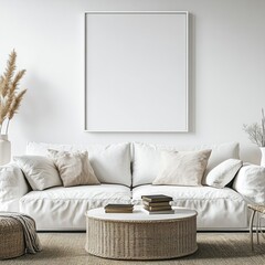 White sofa, coffee table, and blank frame in minimalist living room.