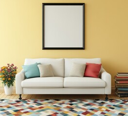 White sofa, colorful rug, and blank frame in yellow room.