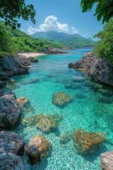 Fototapeta premium Secluded Cove Paradise: Turquoise Waters and Rocky Shores