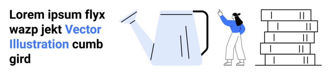 Teapot, person gesturing towards stack of books, minimal text design. Ideal for learning, education, reading, teaching, creativity, inspiration simple landing page