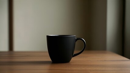 Fototapeta premium plain black mug on wooden table with blur background,break,design