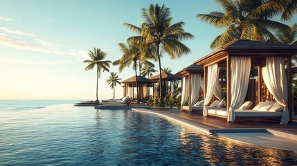Fototapeta premium Luxurious tropical resort setting featuring beachfront infinity pool seamlessly blending into deep blue ocean Wooden cabana white flowing curtain line shore while palm tree sway gently warm breeze