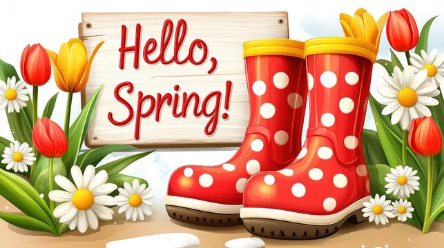 Red polka dot rain boots stand near wooden sign hello, spring, surrounded by colorful flowers 