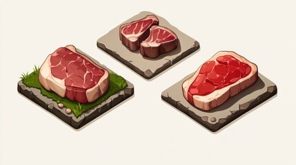 Three isometric steaks on stone, grass background; for food blogs or menus
