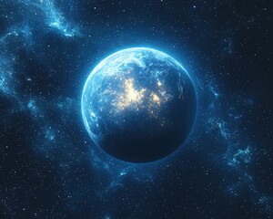 Obraz premium Stunning view of a vibrant blue planet illuminated in deep space surrounded by stars