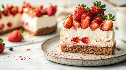   A white plate holds a sliced cake crowned with whipped cream and strawberries, while a cup of coffee sits nearby