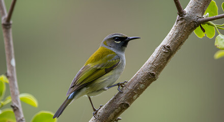 Fototapeta premium Elegant oloma?o perched gracefully on ohia branch in vibrant Hawaiian forest
