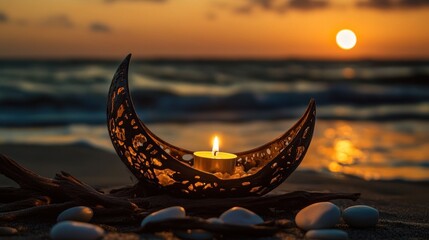 A serene beach scene at dusk featuring a decorative, crescent-shaped holder in the foreground, cradling a lit candle. The crescent holder is dark wood or metal with ornate cut-out.