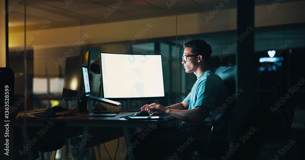 Poster business, man and computer screen with laptop at night for trading algorithms, finance planning or c