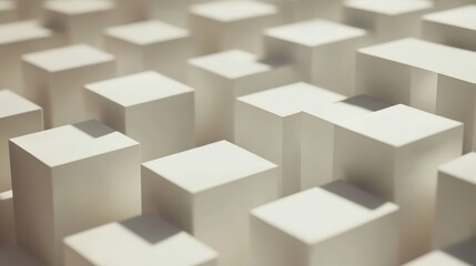 Obraz premium Abstract 3D render of white cubes arranged in a grid pattern, with varying heights and soft shadows, minimalist style.