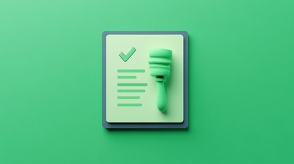 Fototapeta premium Approved checklist, gavel, green background, legal, website