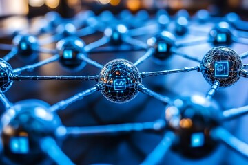 Detailed futuristic network of connected spheres with blue light