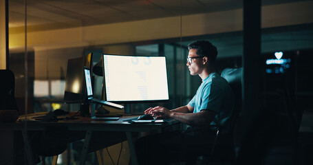 Business, man and computer screen with laptop at night for trading algorithms, finance planning or...