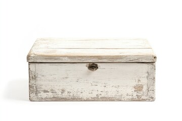A rustic, whitewashed wooden box with a distressed finish and a simple latch.