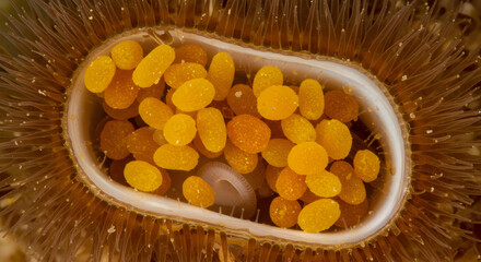 Detailed macro image showcases a Corbicula's pollen basket with vibrant yellow pollen grains