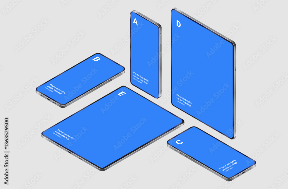 Fototapete isometric devices mockup - mobile phones and tablets template with various screen sizes laying down 