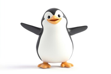 Fototapeta premium A cheerful cartoon penguin with outstretched wings, standing on a white background.