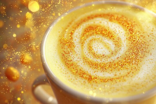 Golden latte art with glittering sprinkles, festive and luxurious coffee drink.