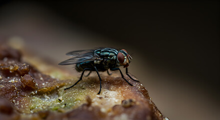 Detailed macro shot showcasing a Flesh Fly perched on decaying meat surface