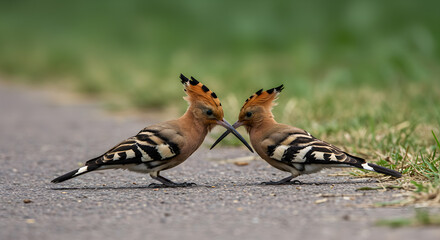 Eurasian hoopoes interacting with unique beaks on a blurred background outdoors