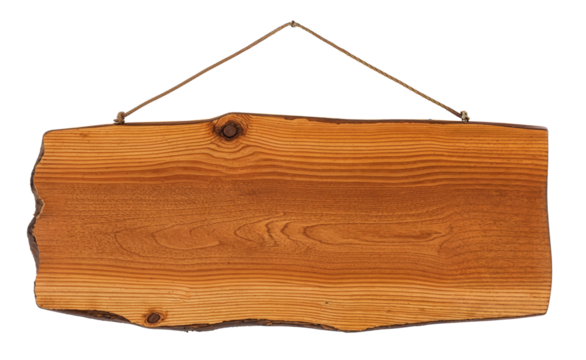 Wooden sign hanging on white background with string