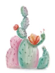 A hand-painted watercolor-style illustration of a blooming cactus with soft green, pink, and orange hues. Delicate brush strokes create a dreamy, artistic feel. Not AI-generated