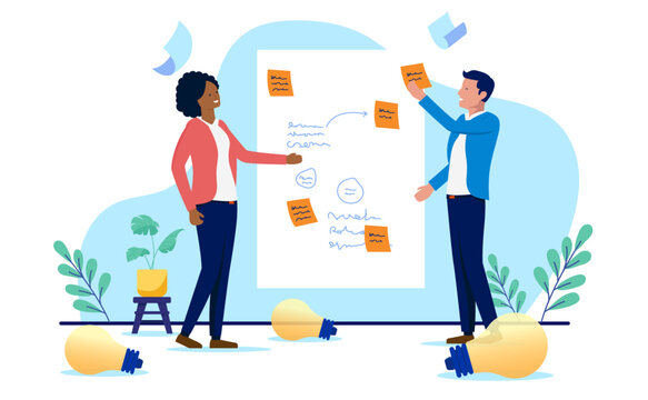 Idea business workshop - People working in office brainstorming and solving problems coming up with creative solutions on whiteboard using sticky notes. Flat design vector illustration