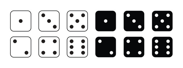 Game dice Icon with side of cube from one to six number. Set of black icon sided for gamble. Dot on cube of casino