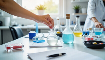 Fototapeta premium Hands conducting science experiment in lab classroom, educational exploration