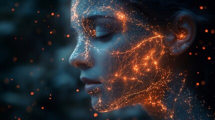 Person wearing a futuristic neural interface their brain glowing with digital data streams flowing into the metaverse Hyper detailed neural pathways cinematic sci fi lighting deep symbolism